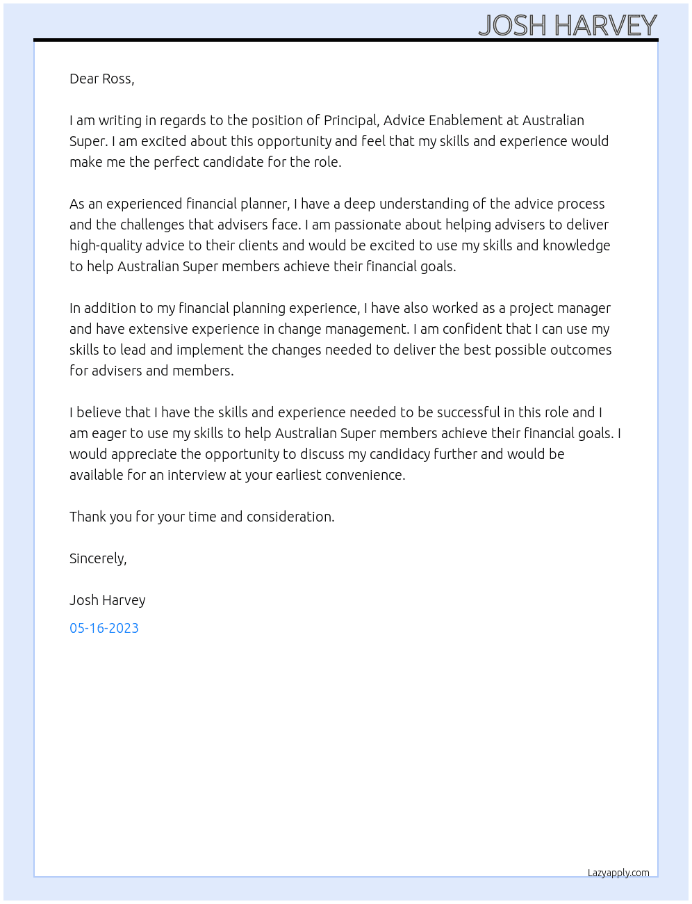 Principa, Advice Enablement At Australian Super Cover Letter