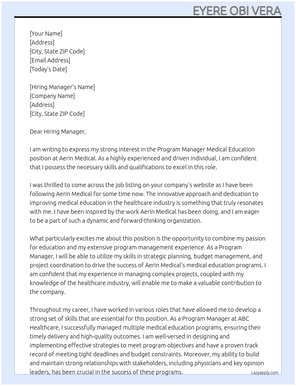 Program Manager Medical Education At Aerin Medical Cover Letter