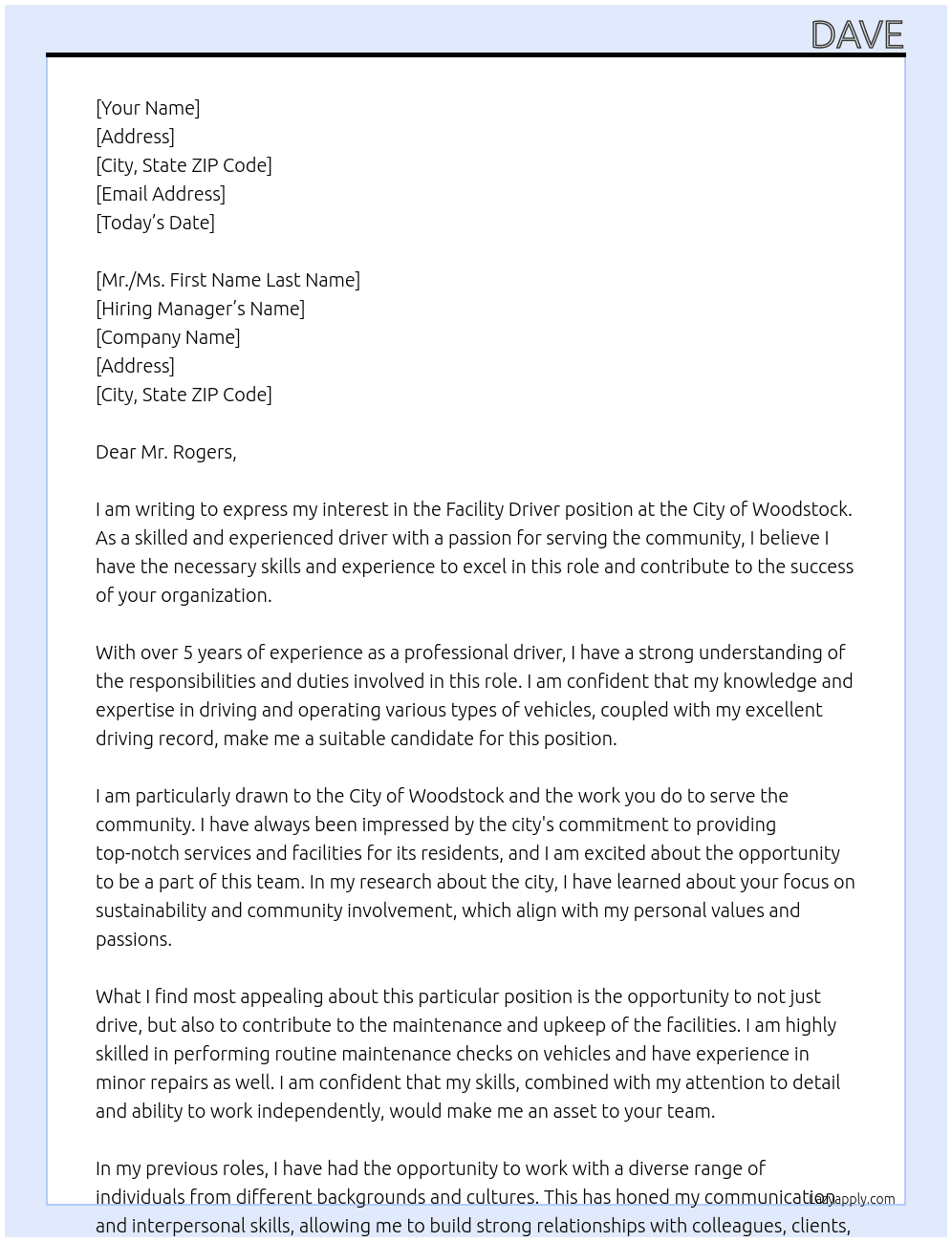 Cover letter for facility driver - LazyApply