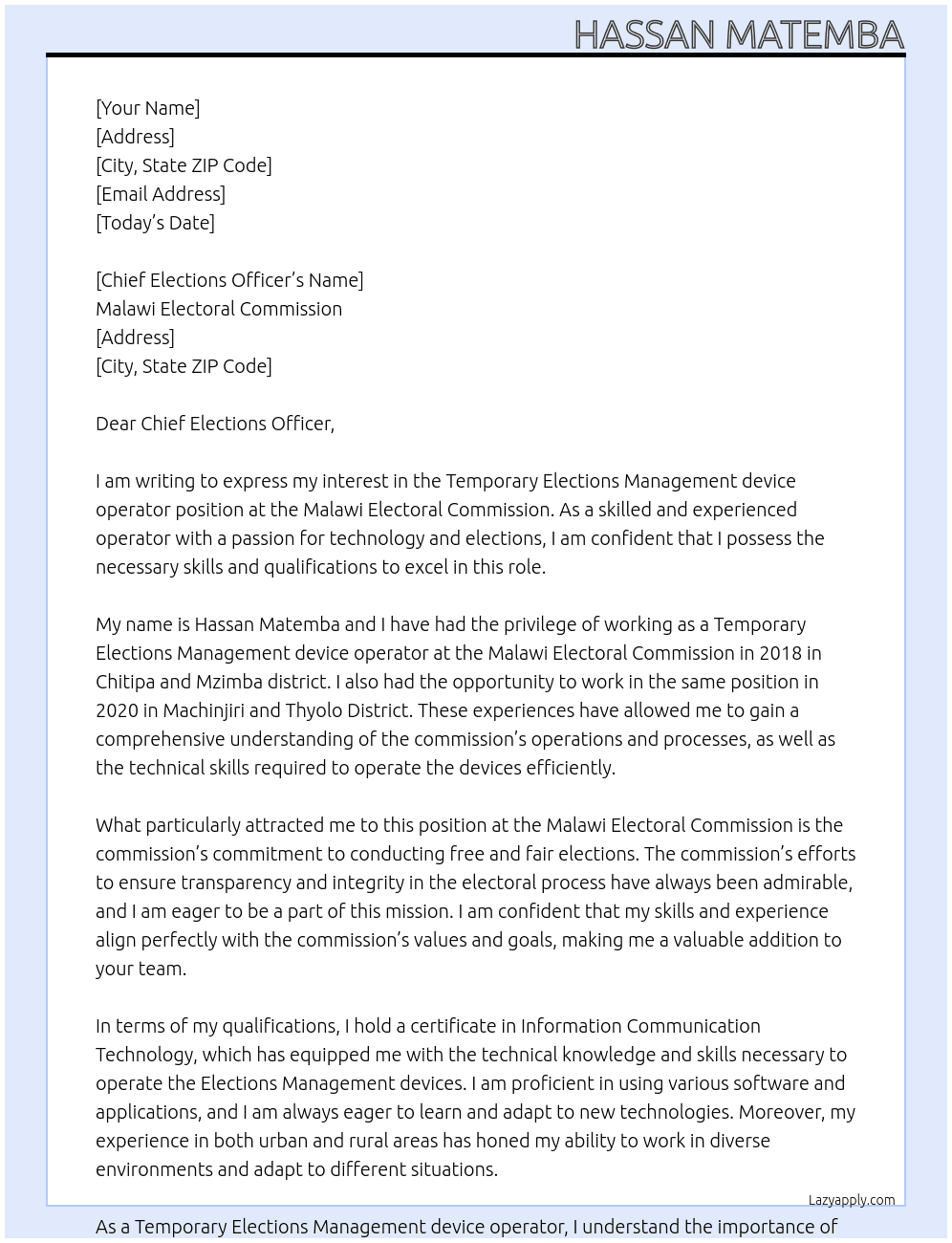 Temporary Elections Management device operator At Malawi Electoral Commission Cover Letter