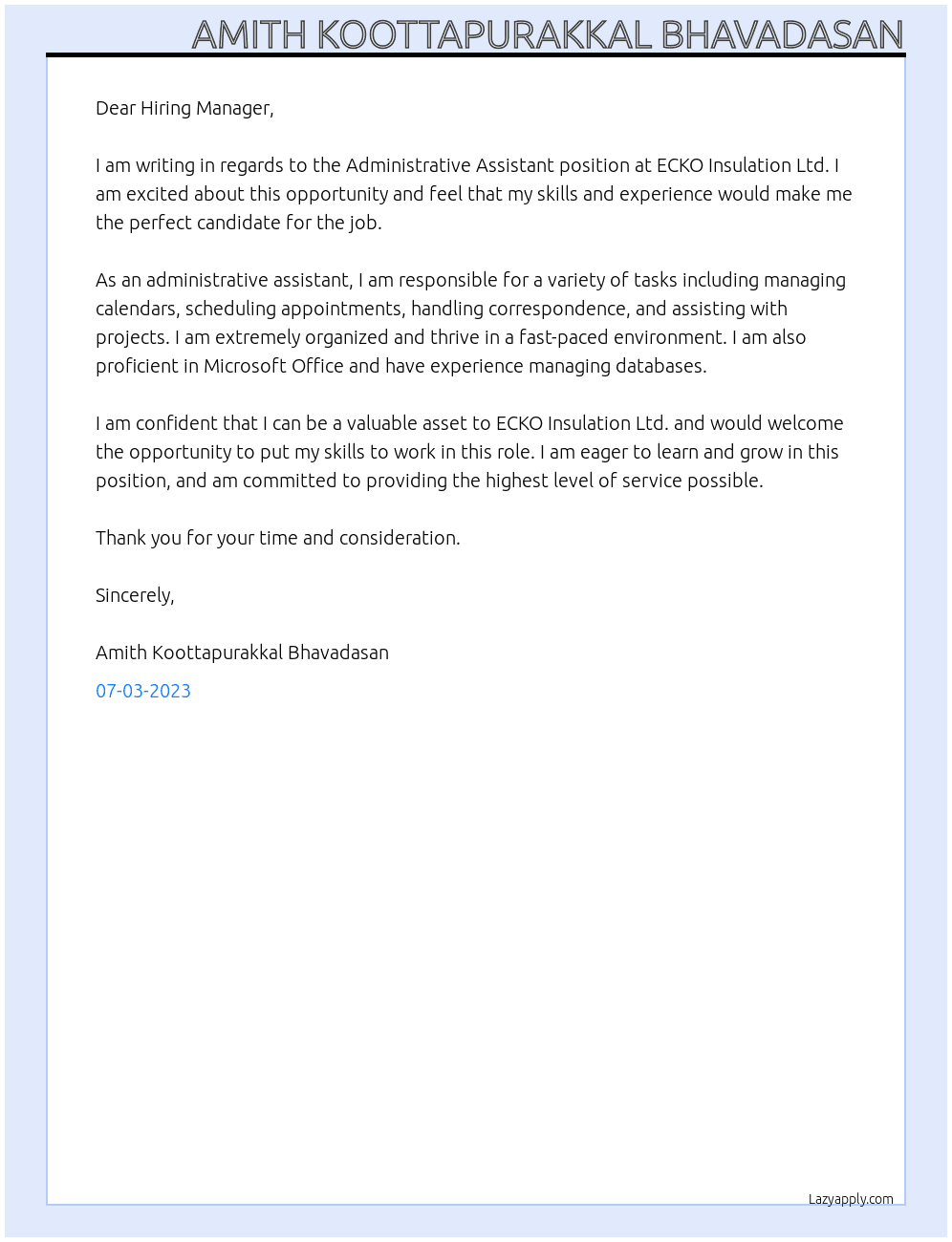 Administrative Assistant At ECKO Insulation ltd Cover Letter