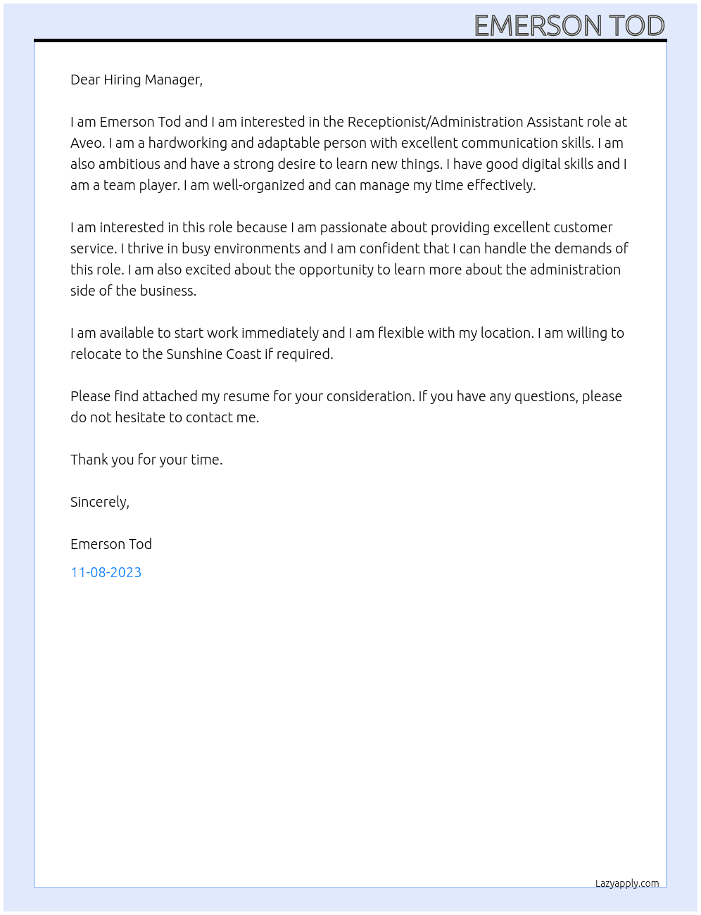 Receptionist/Administration Assistant At Aveo Cover Letter