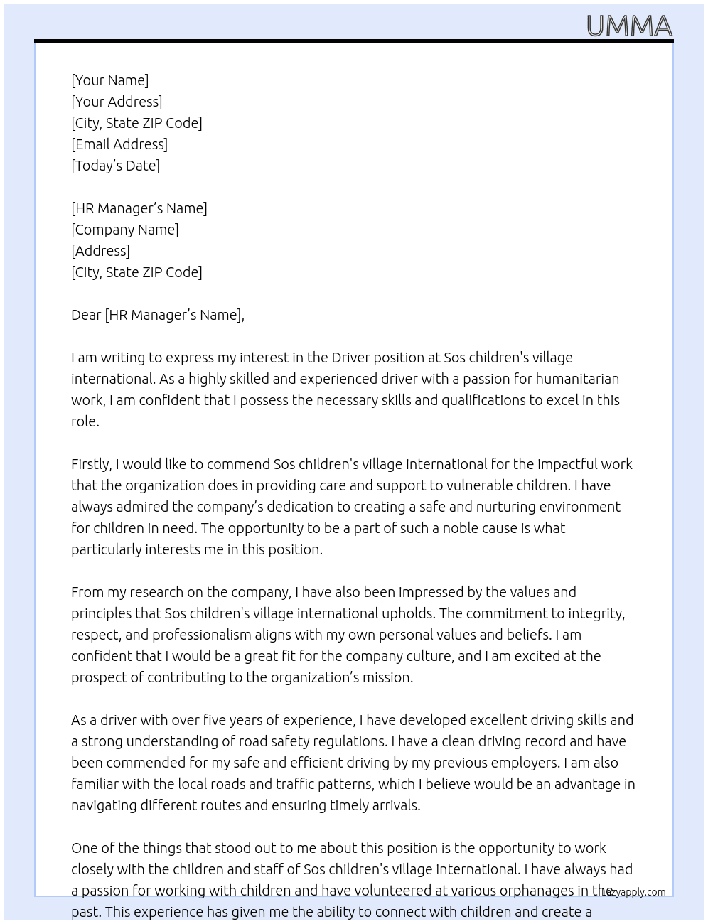 Driver  At Sos children's village international  Cover Letter