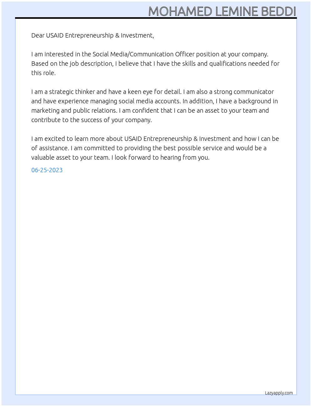 Social Media/Communication Officer At USAID Entrepreneurship & Investment Cover Letter