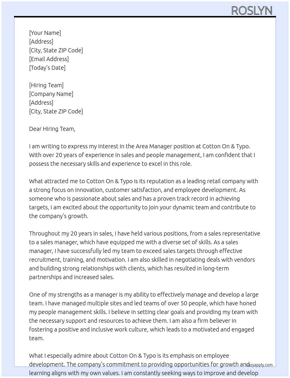 Area Manager  At Cotton On & Typo Cover Letter