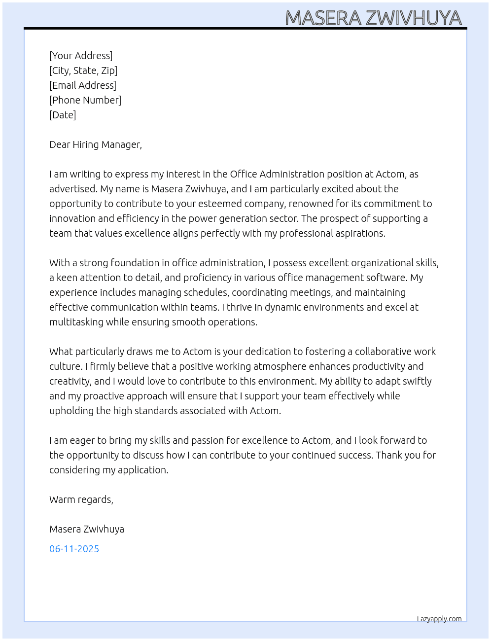 Office administration  At Actom Cover Letter