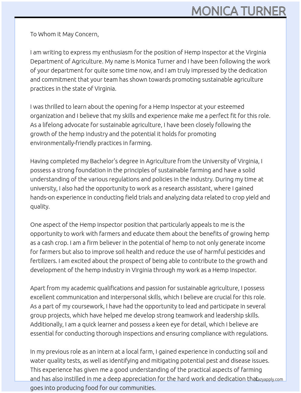Hemp Inspector At Virginia Department of Agriculture Cover Letter