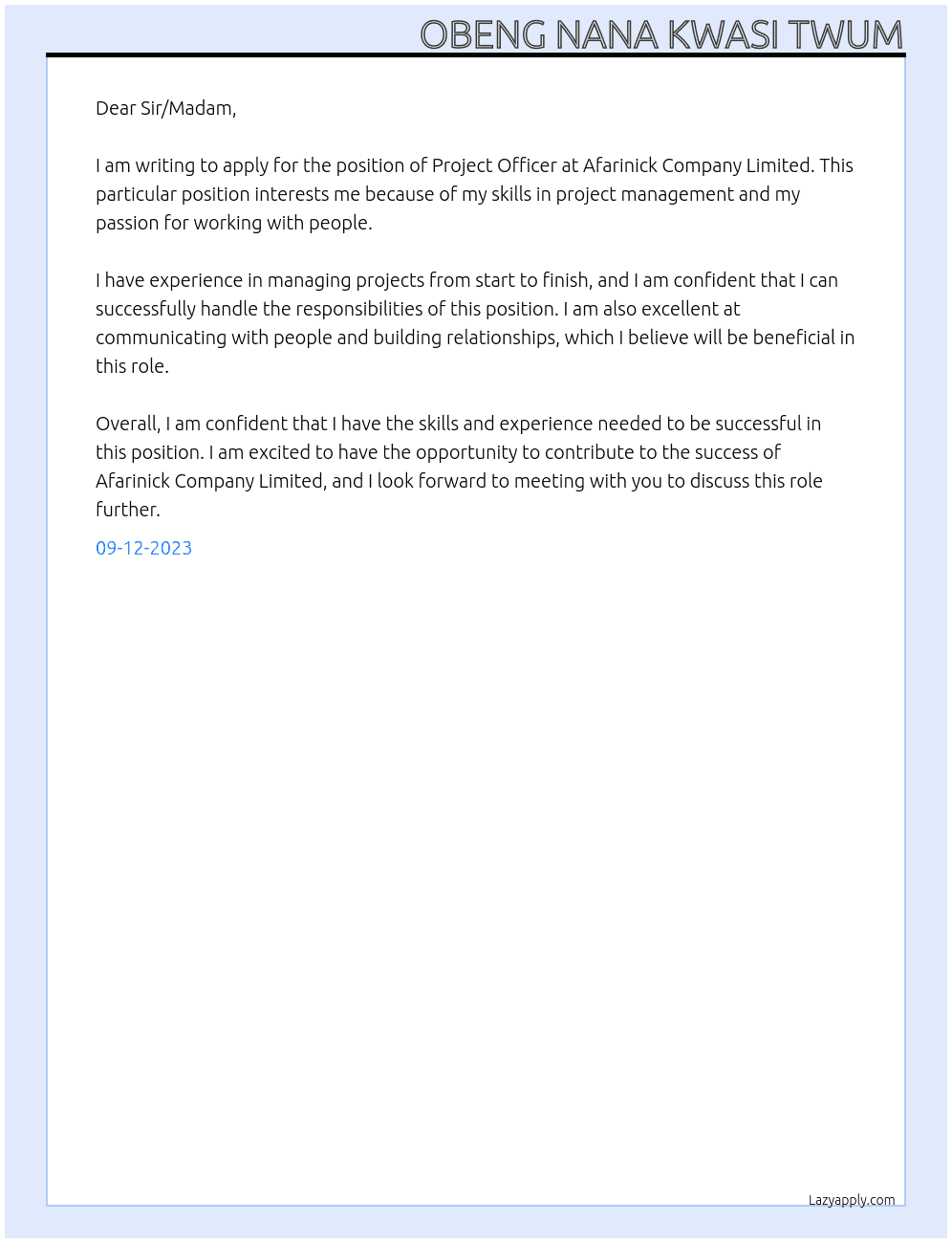 Project offjcer At AFARINICK COMPANY LIMITED  Cover Letter