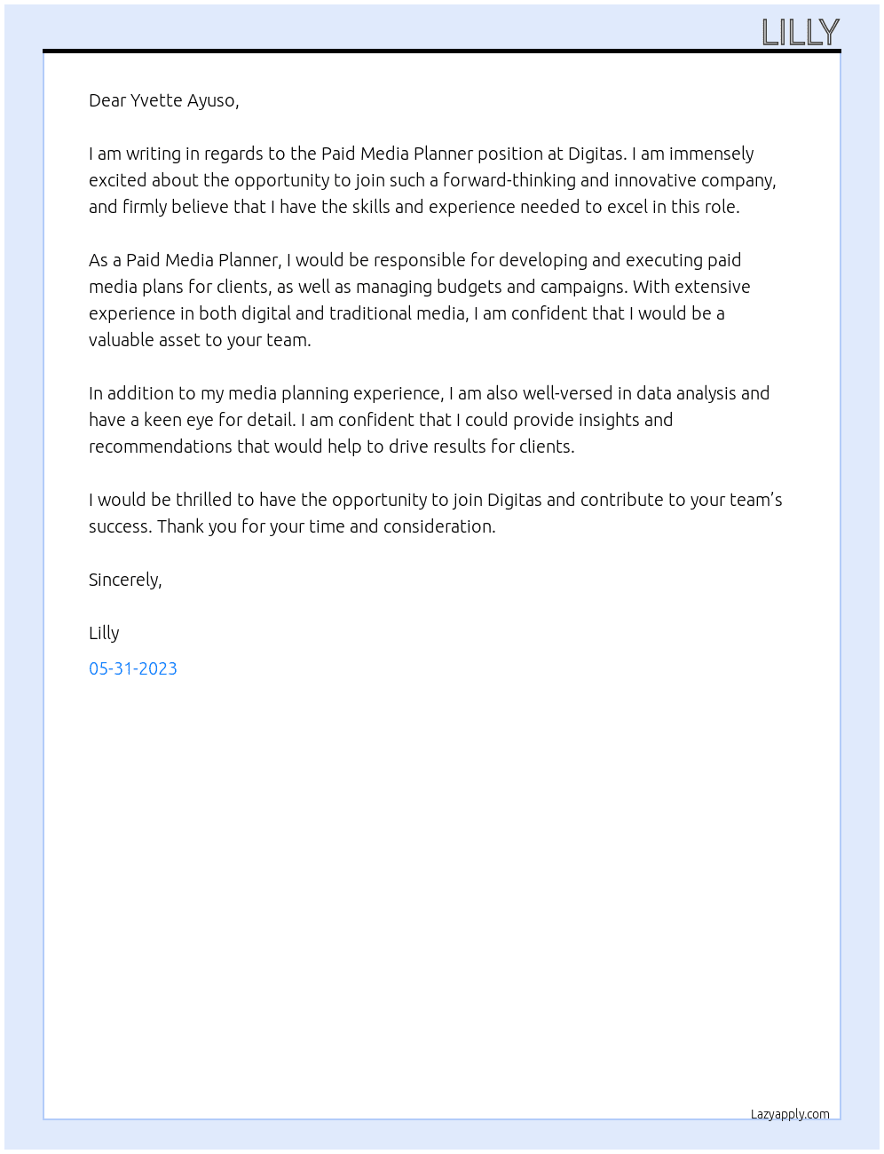 Paid Media Planner At Digitas Cover Letter
