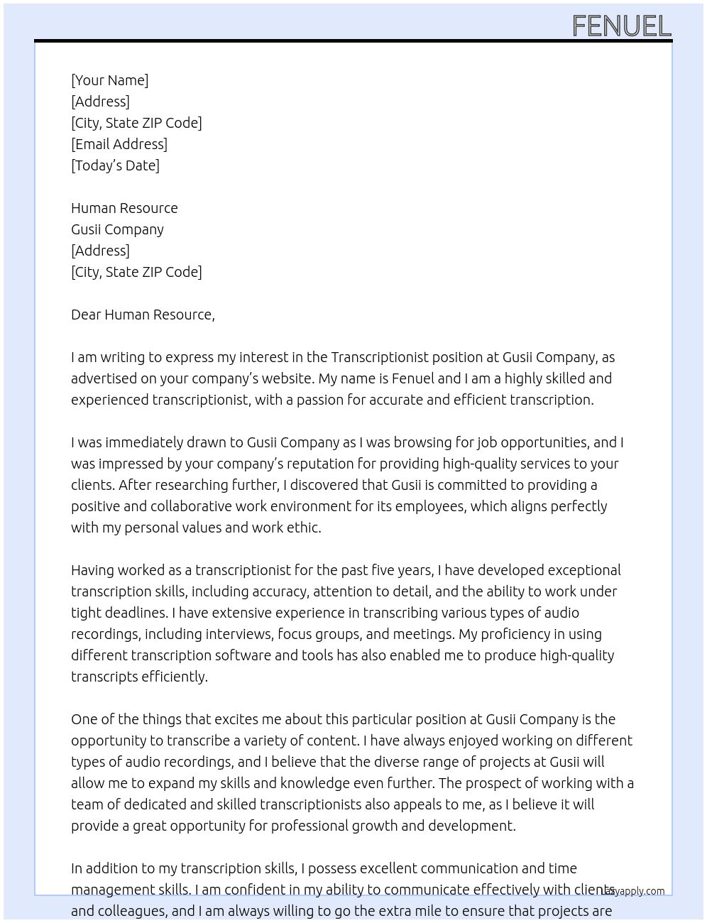 TRANSCRIPTIONIST At GUSII Cover Letter