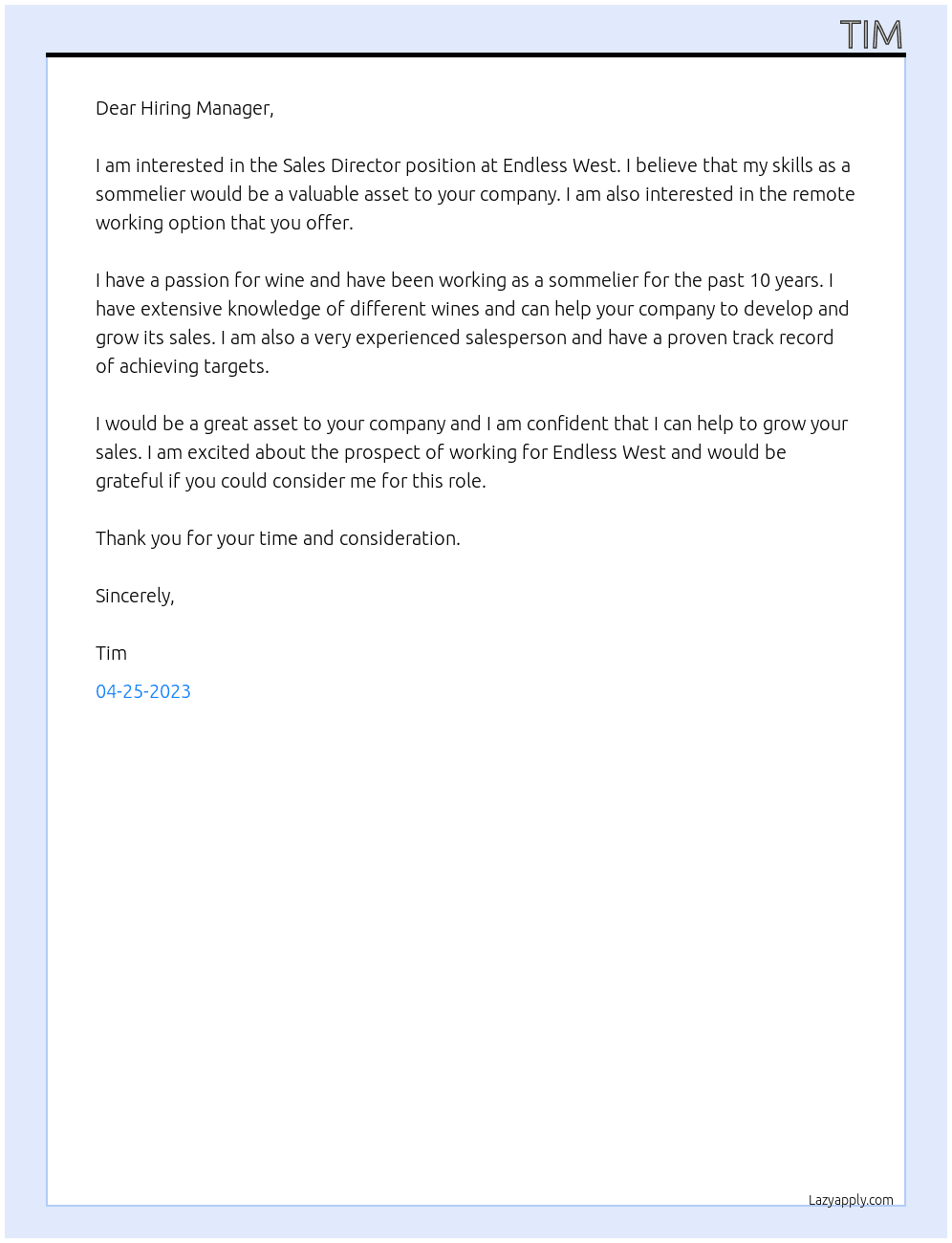 Sales Director At Endless West Cover Letter