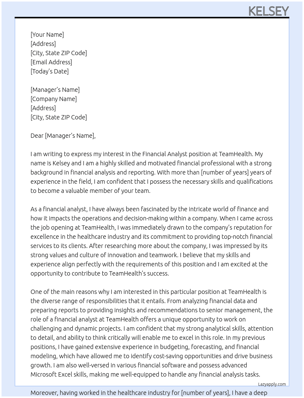 Financial Analyst At TeamHealth Cover Letter