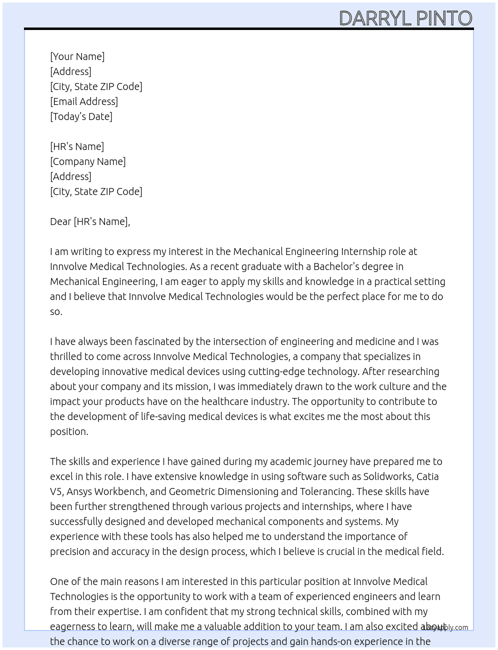 Mechanical engineer  At Innvolve Medical Technologies Cover Letter