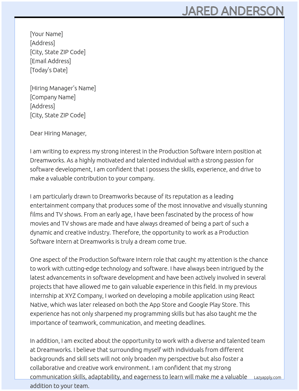 Production Software Intern At Dreamworks Cover Letter