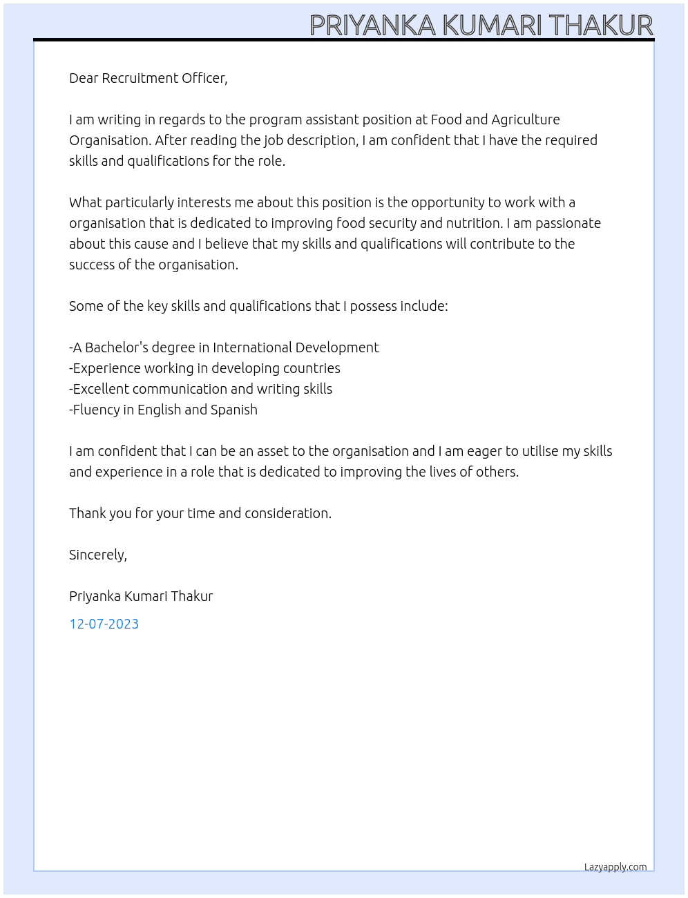 Program assistant  At Food and agriculture organisation  Cover Letter