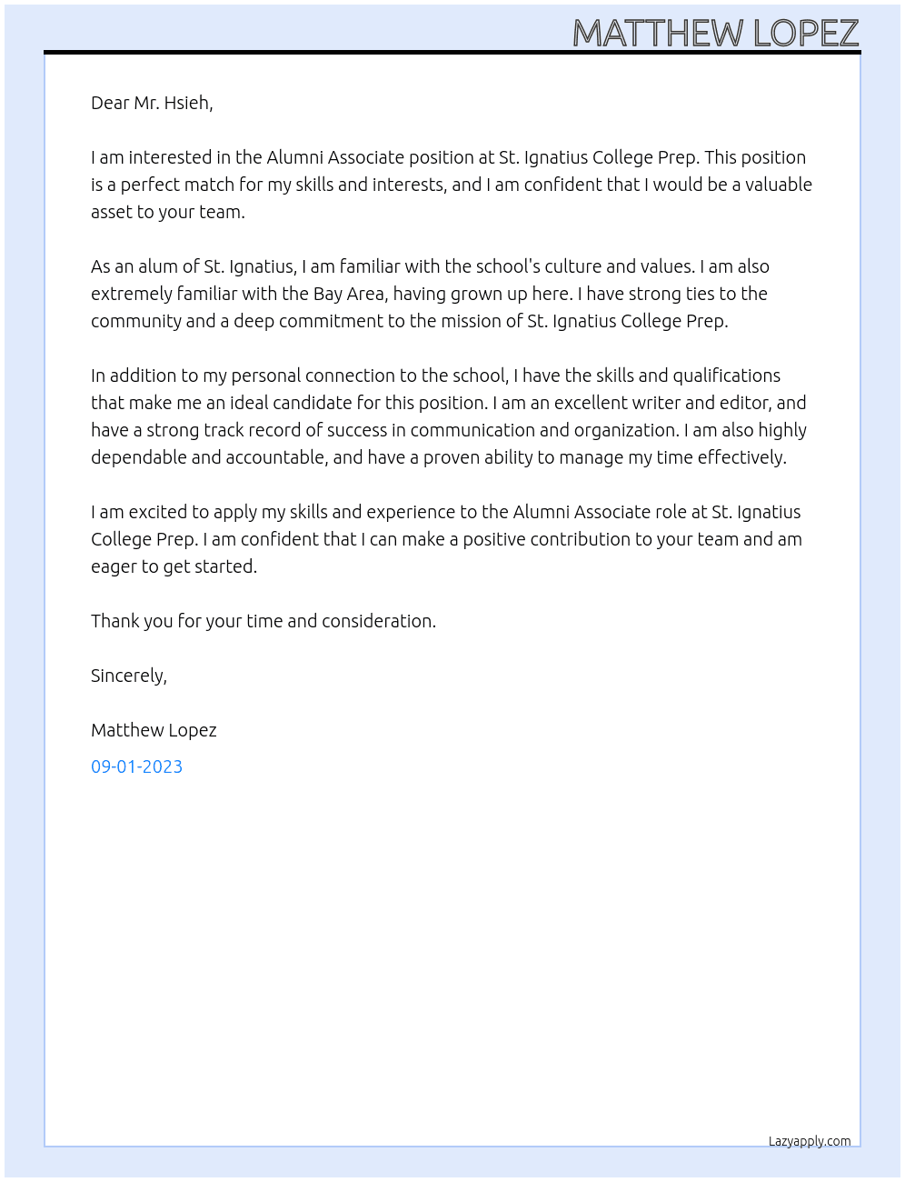 Alumni Associate At St. Ignatius College Prep Cover Letter