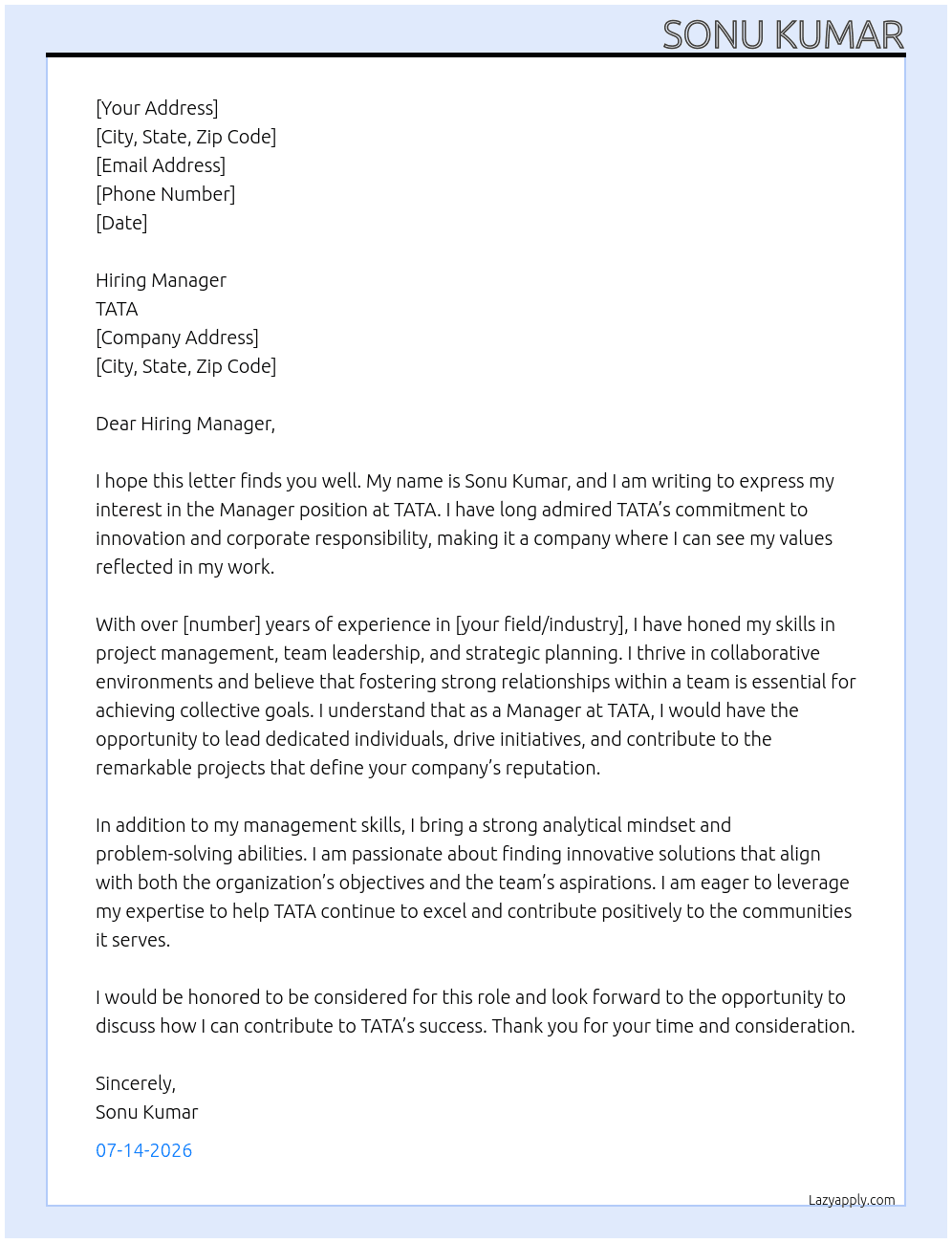 Manager At TATA  Cover Letter