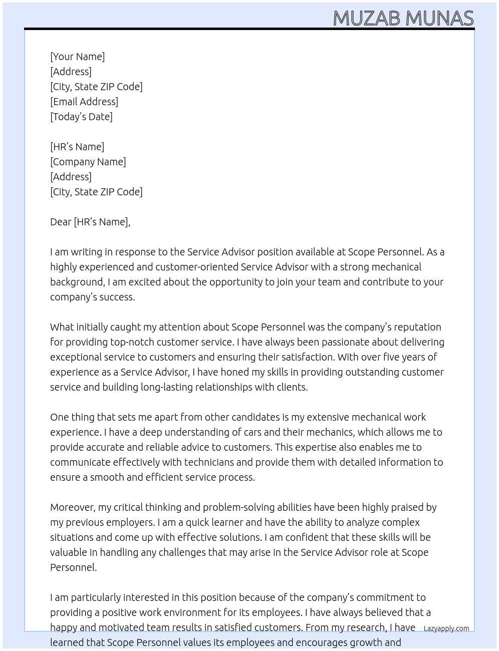 Service Advisor At Scope Personnel Cover Letter