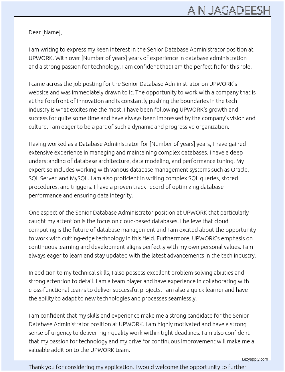 Senior Database Administrator At UPWORK Cover Letter