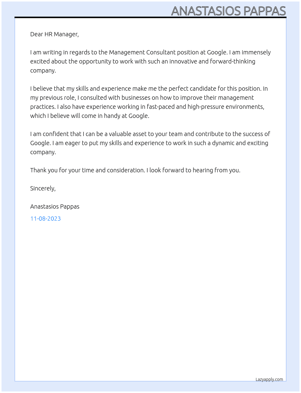 Management Consultant  At Google Cover Letter