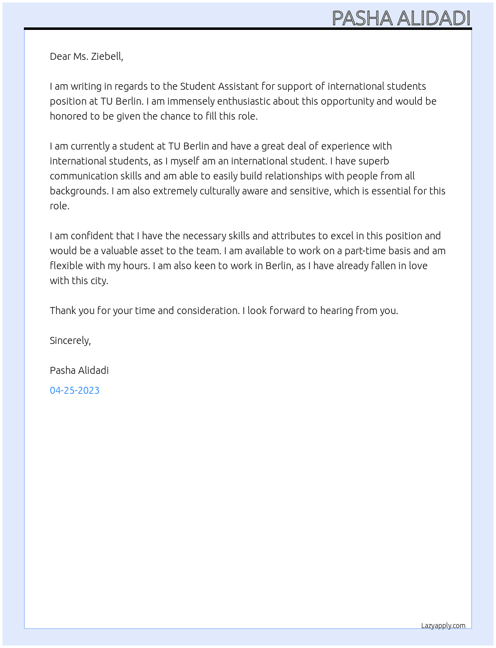Student Assisstant for support of international students At TU Berlin Cover Letter