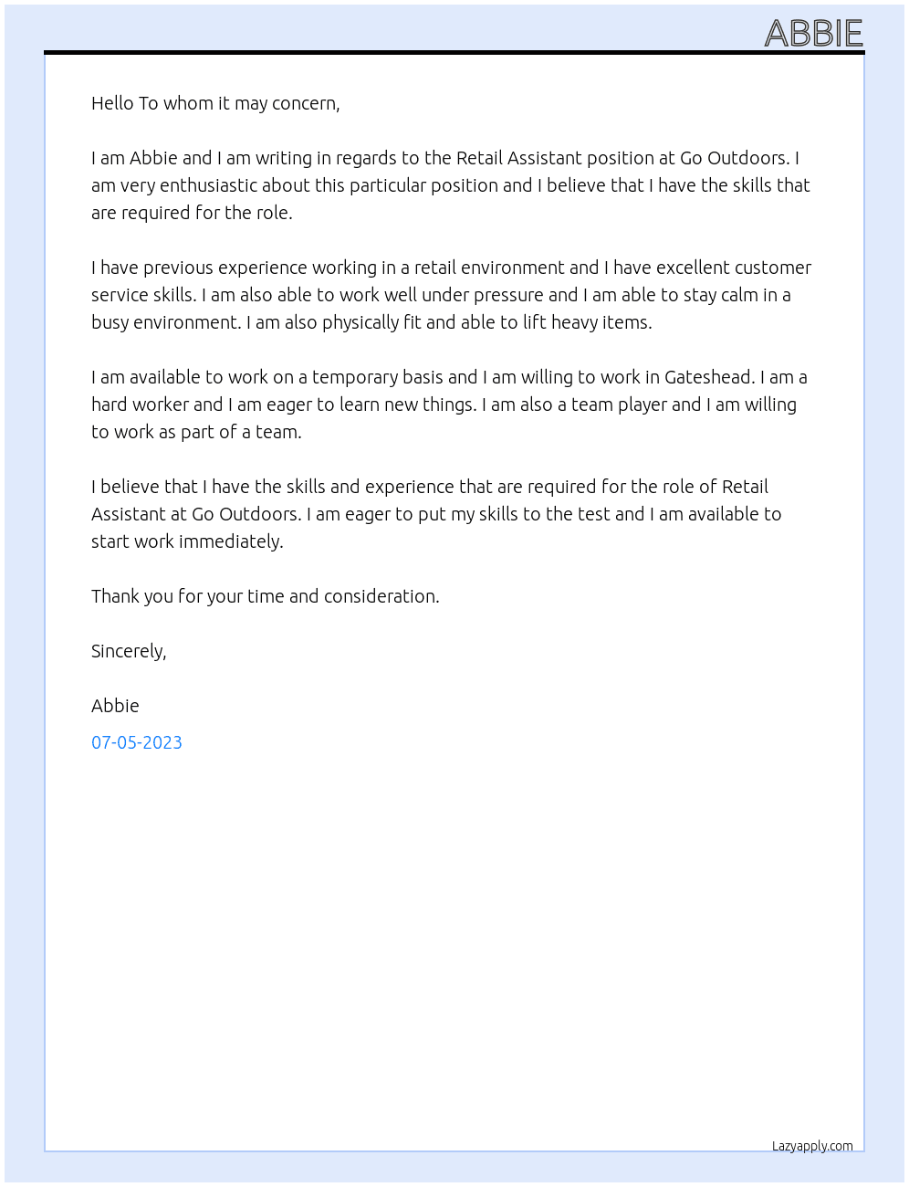 Retail Assistant At Go Outdoors  Cover Letter