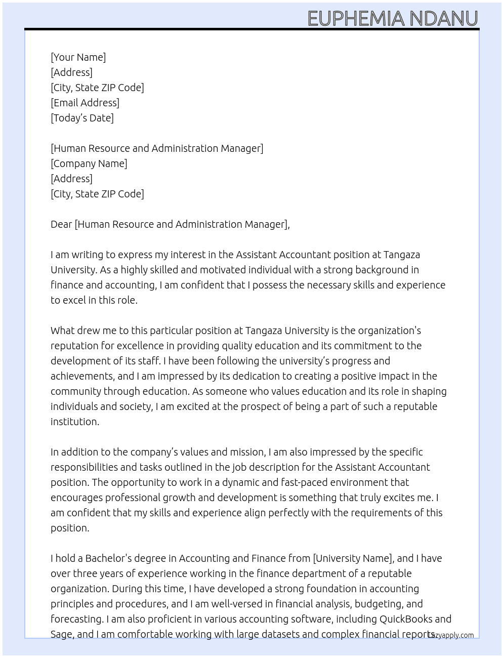 Assistant accountant At Tangaza University Cover Letter