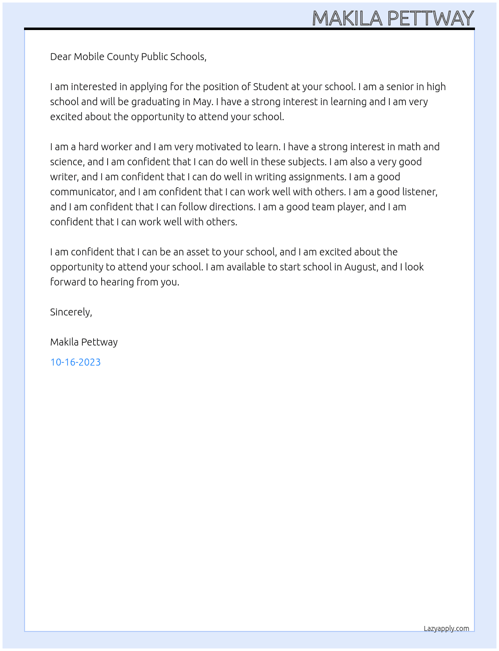STUdent At MOBILE COUNTY PUBLIC SCHOOLS Cover Letter