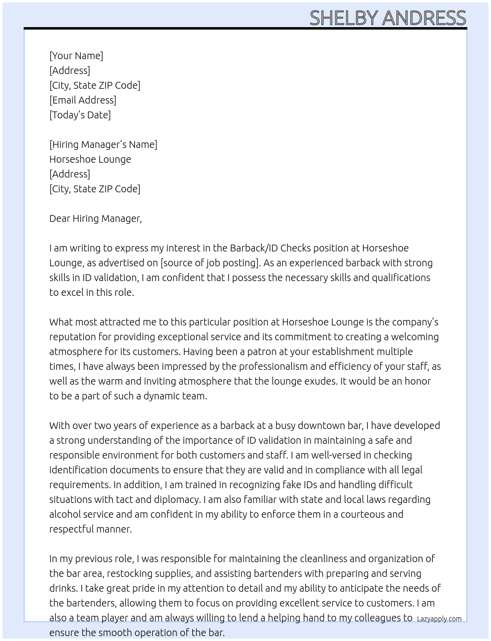 Barback/ ID Checks At Horseshoe Lounge Cover Letter