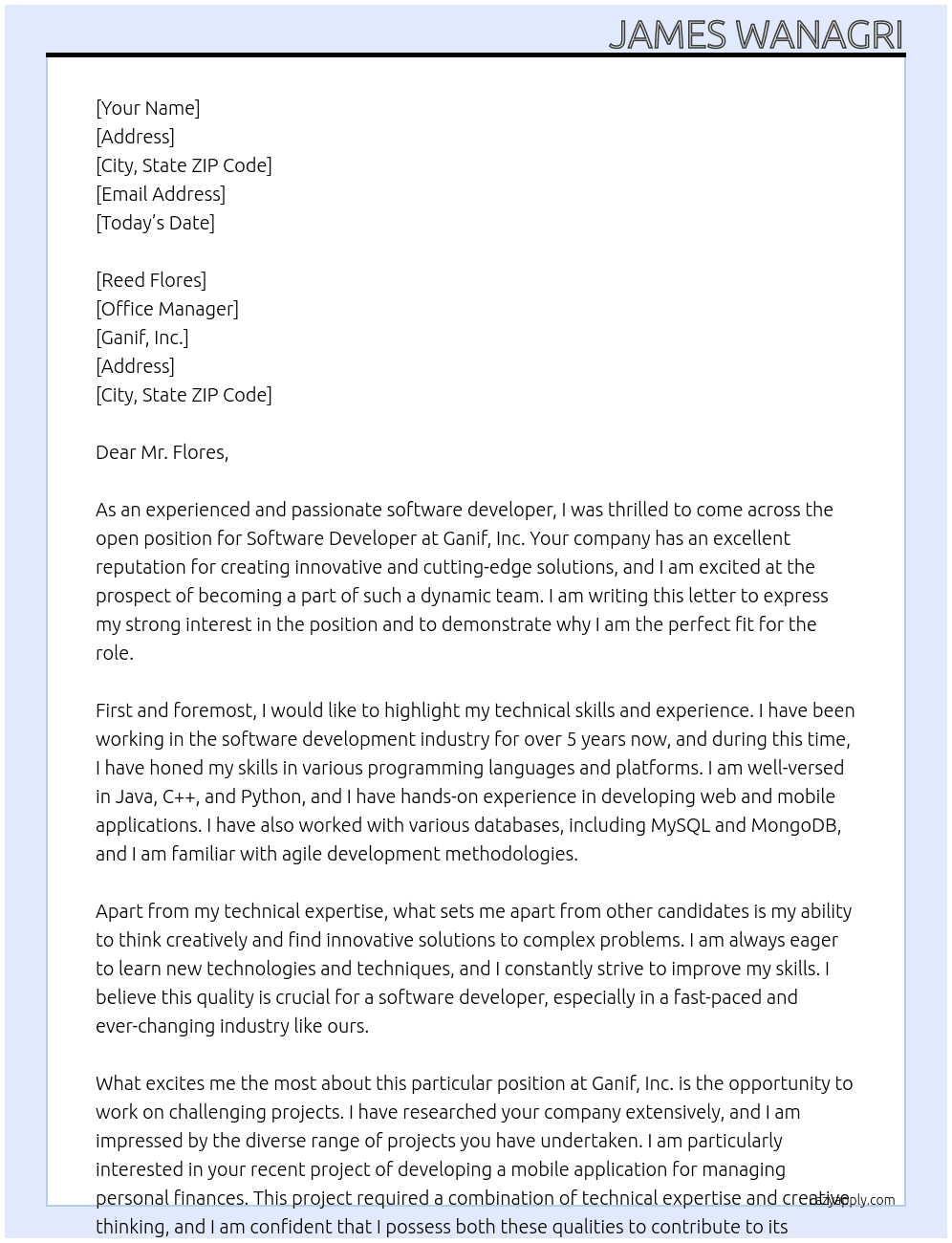 software devoloper At Ganif, inc. Cover Letter