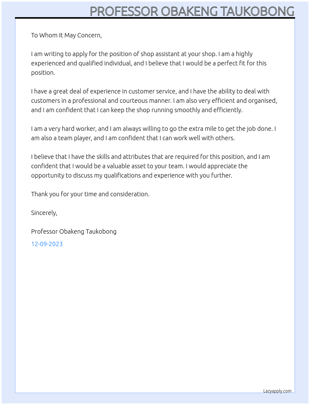 shop assistant At your shop Cover Letter