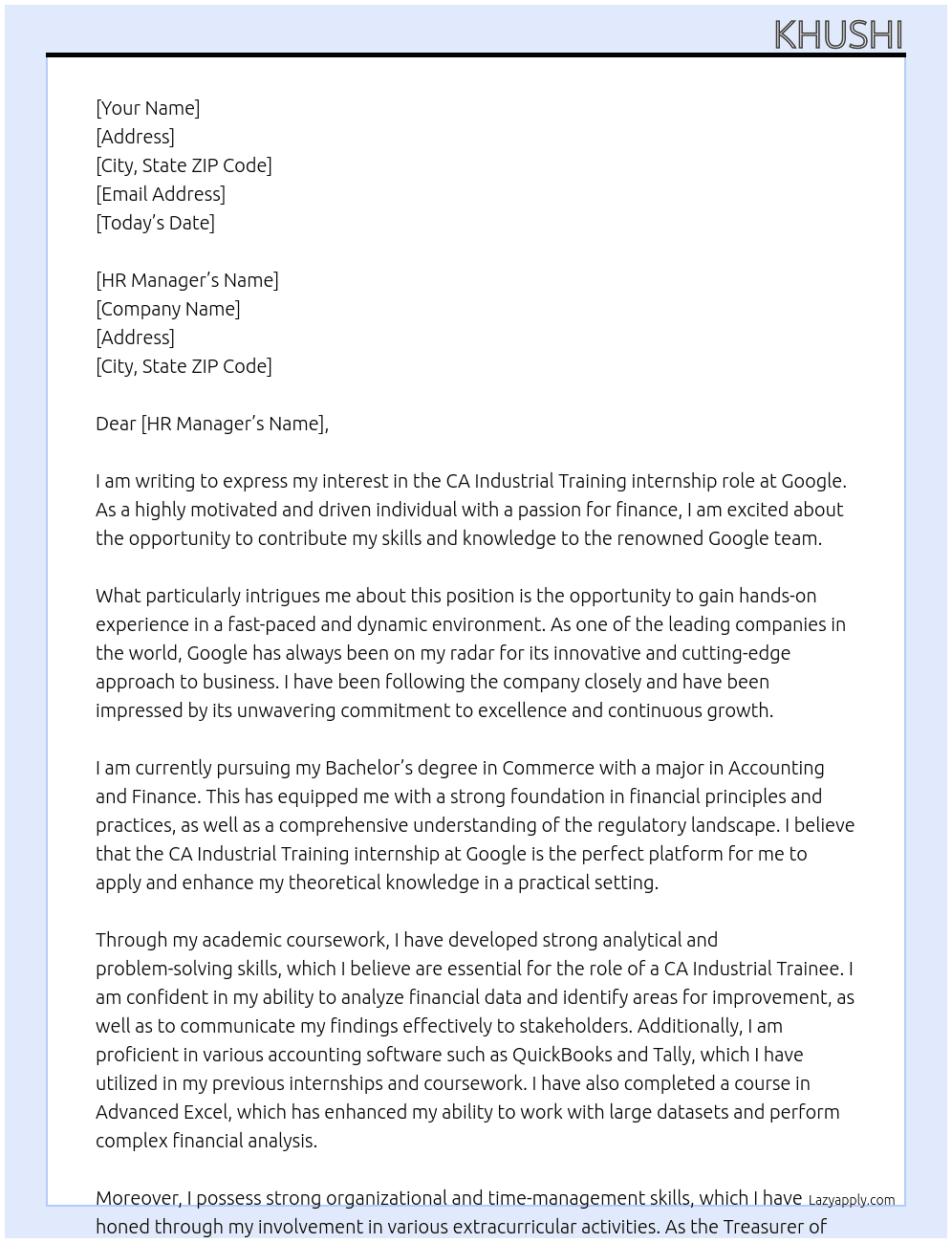CA Industrial Training At Google Cover Letter