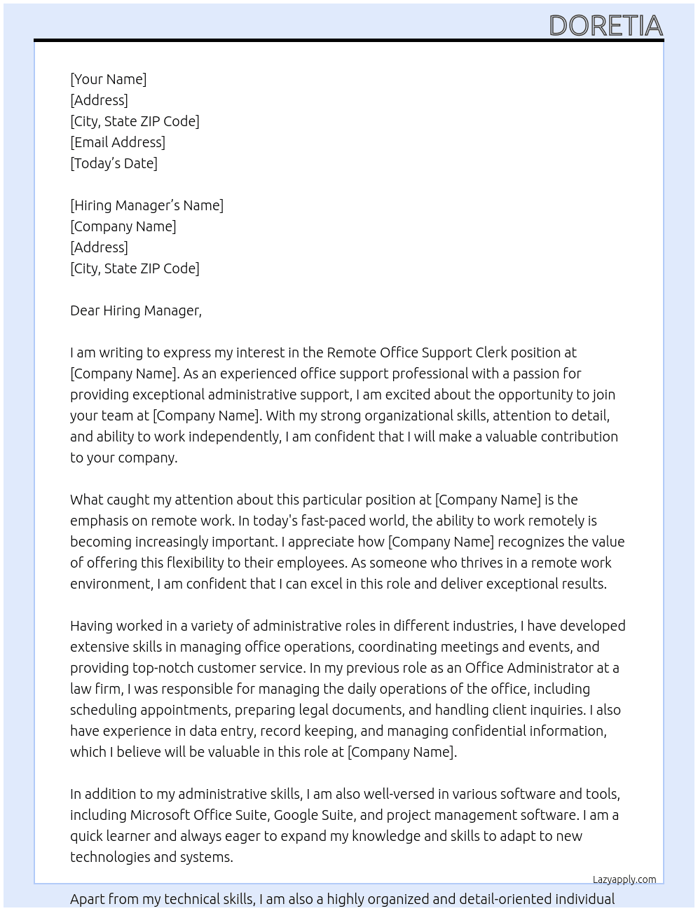 Cover letter for remote office support clerk - LazyApply