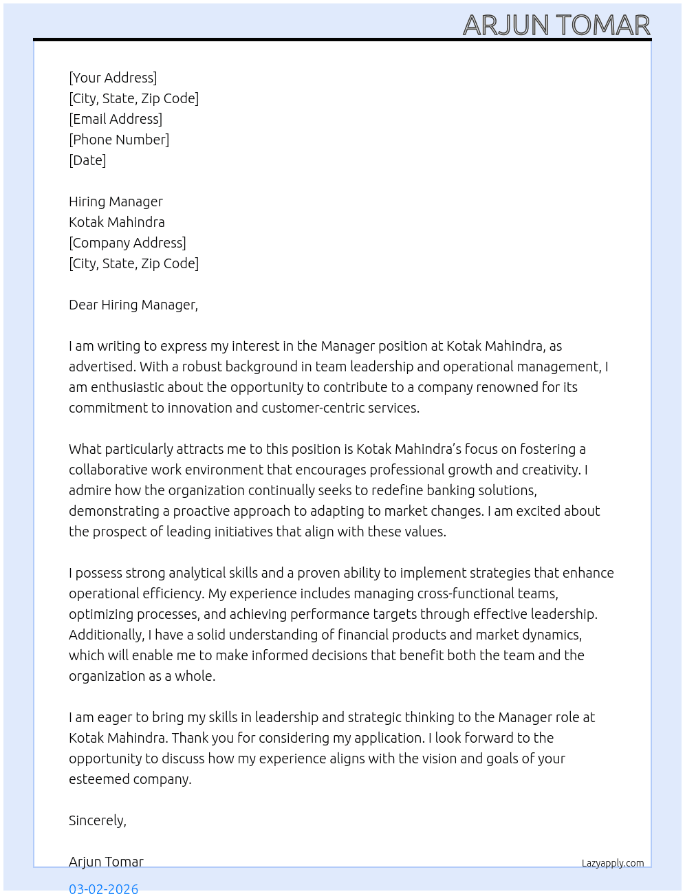 Manager At Kotak Mahindra  Cover Letter