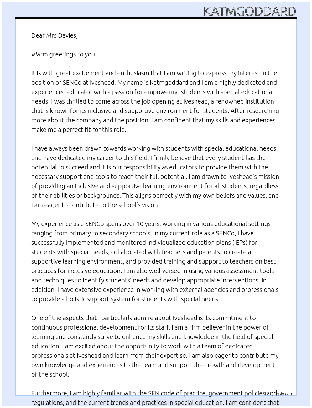 SENCo At Iveshead Cover Letter