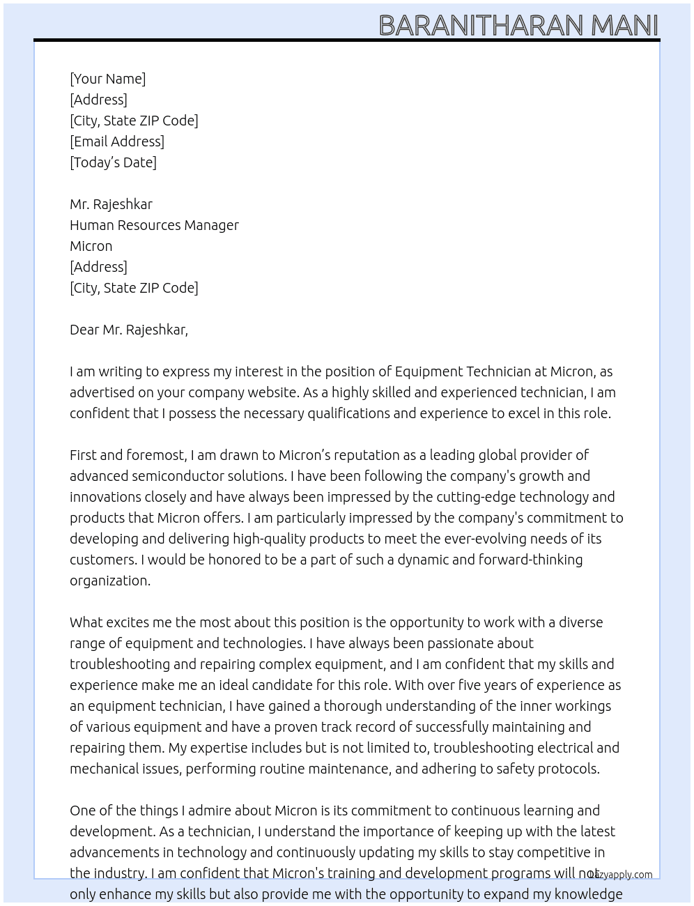 Equipment technician  At Micron Cover Letter