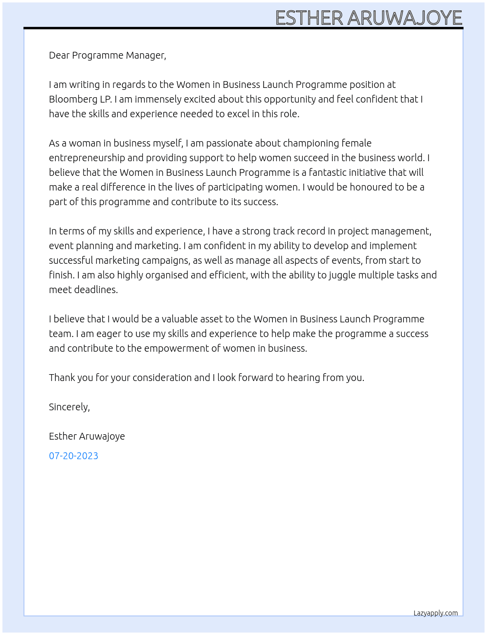 WOMEN IN BUSINESS LAUNCH PROGRAMME At Bloomberg LP Cover Letter