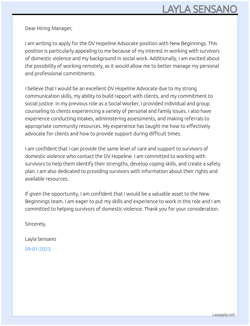 DV Hopeline Advocate At New Beginnings Cover Letter