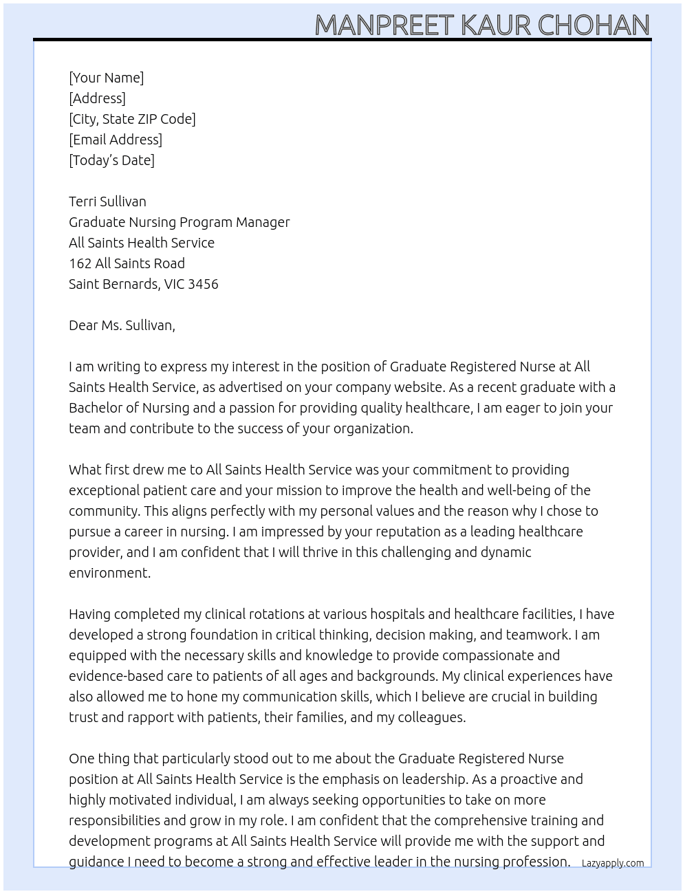 Graduate Registered Nurse At All Saints Health Service  Cover Letter