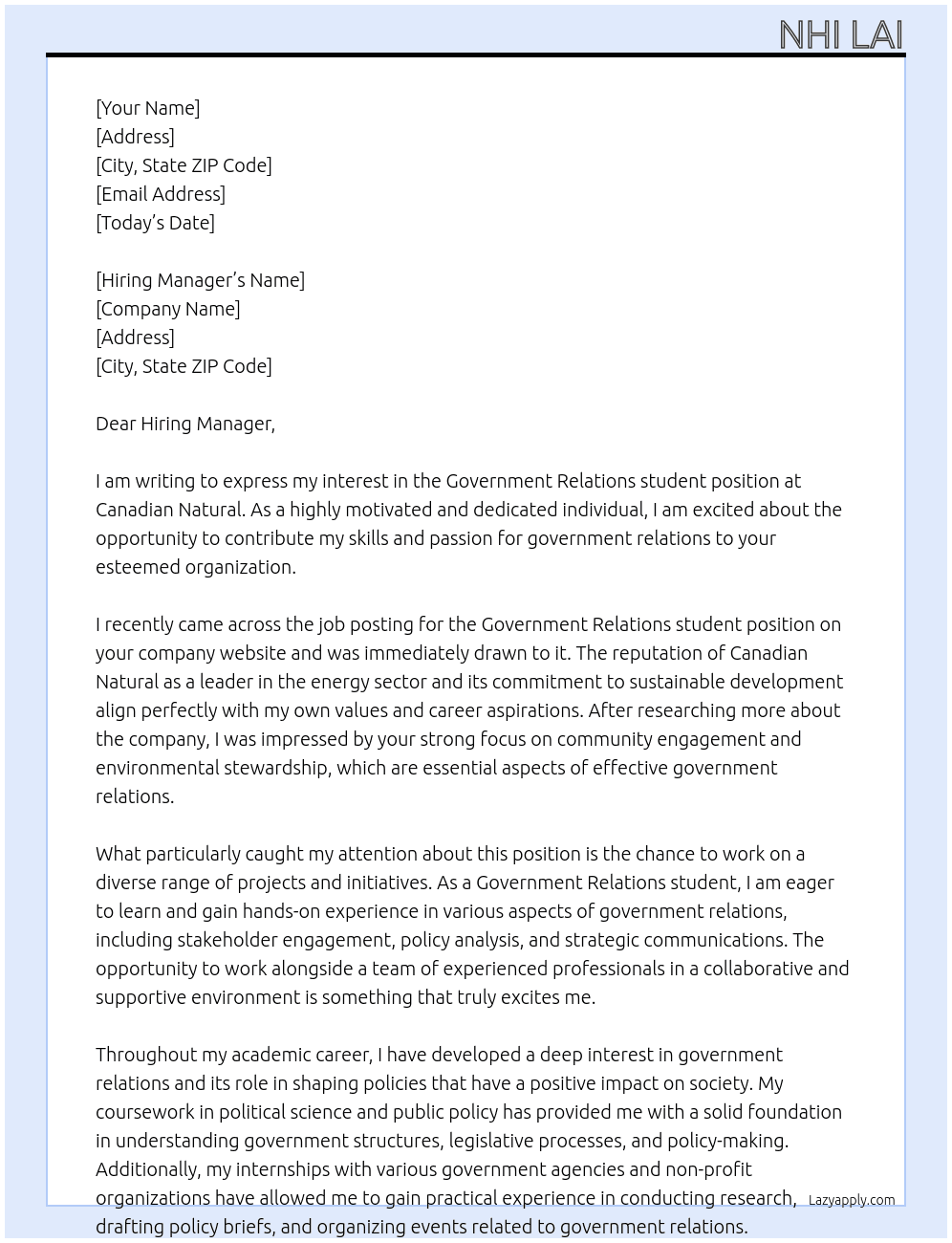 Government Relations student position  At Canadian Natural Cover Letter