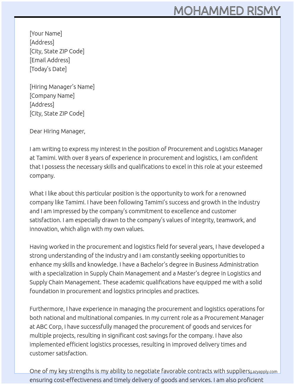 Procurement and Logistics Manager At Tamimi Cover Letter