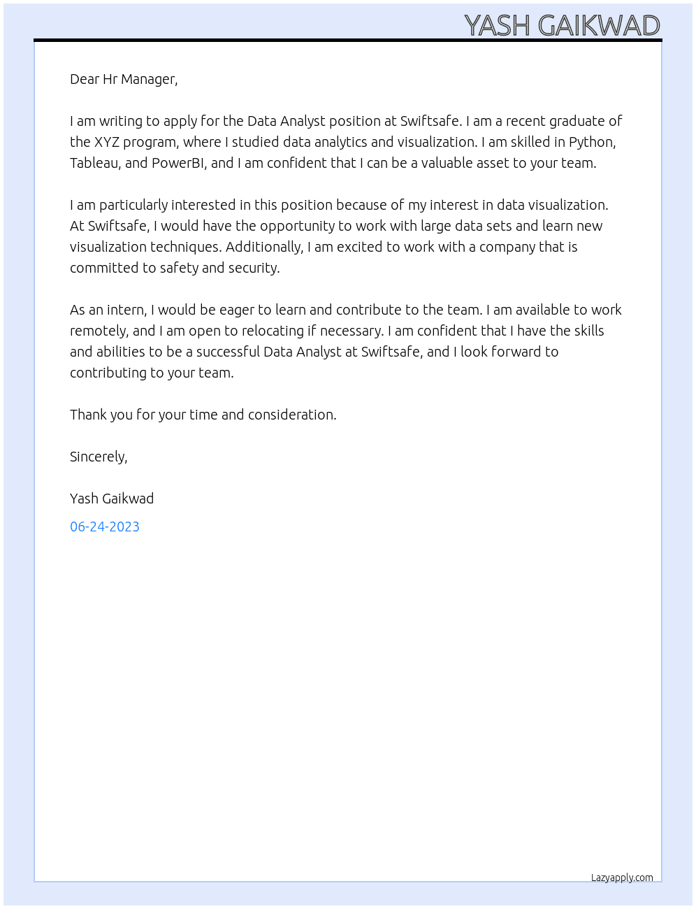 Data Analyst At Swiftsafe Cover Letter