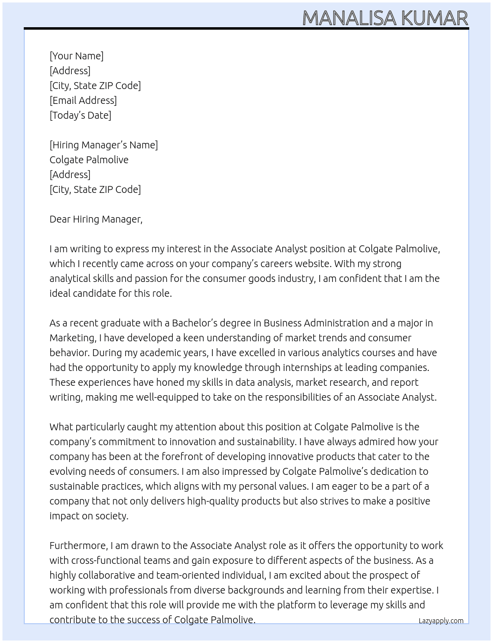 Associate Analyst At Colgate Palmolive Cover Letter