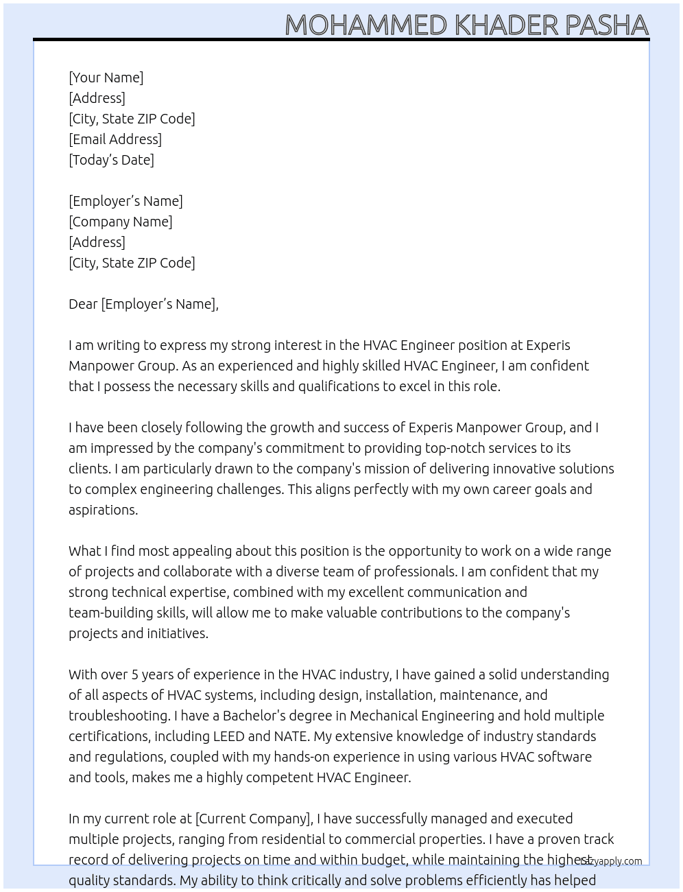 HVAC Enginer At Experis Manpower group Cover Letter
