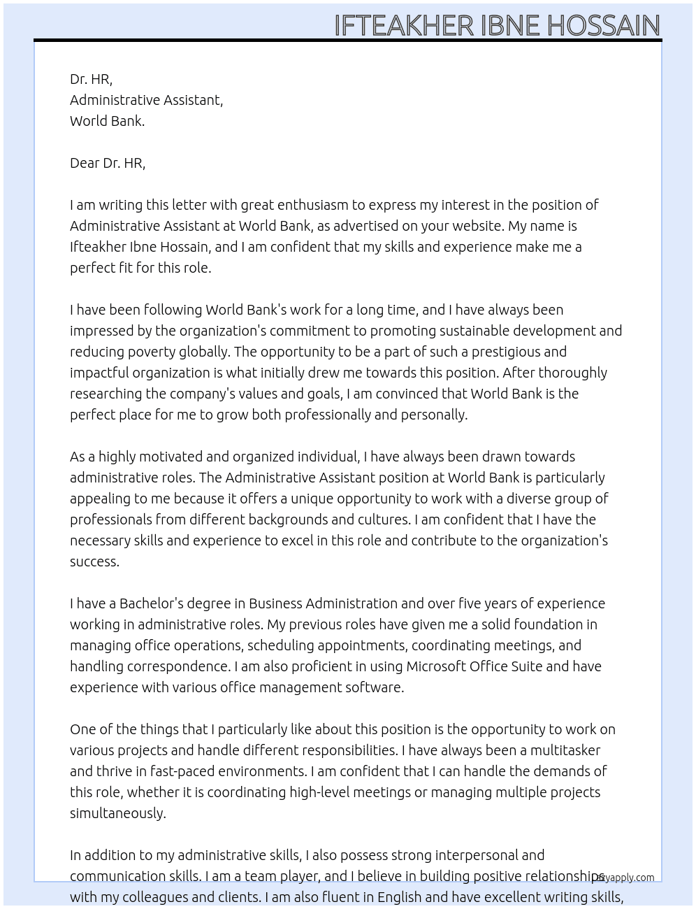Administrative Assistant At World Bnak Cover Letter
