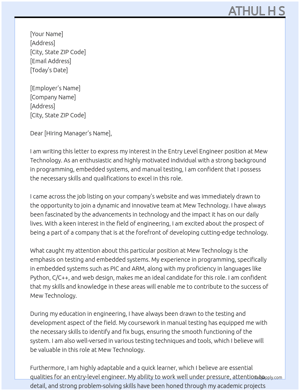 entry level engineer - test & embedded At Mew Technology Cover Letter