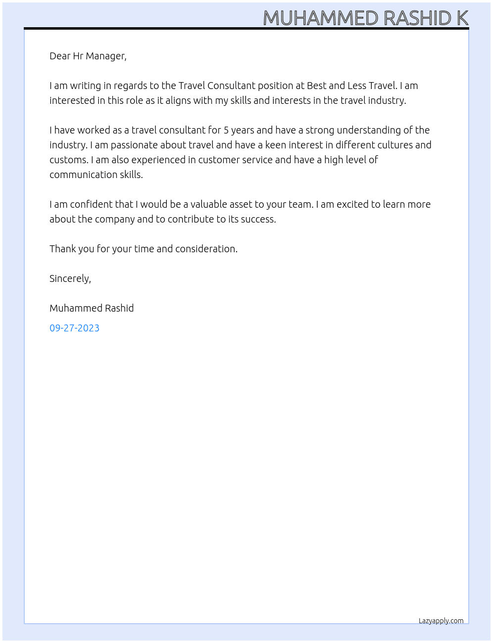 Travel consultant At best and less travel Cover Letter