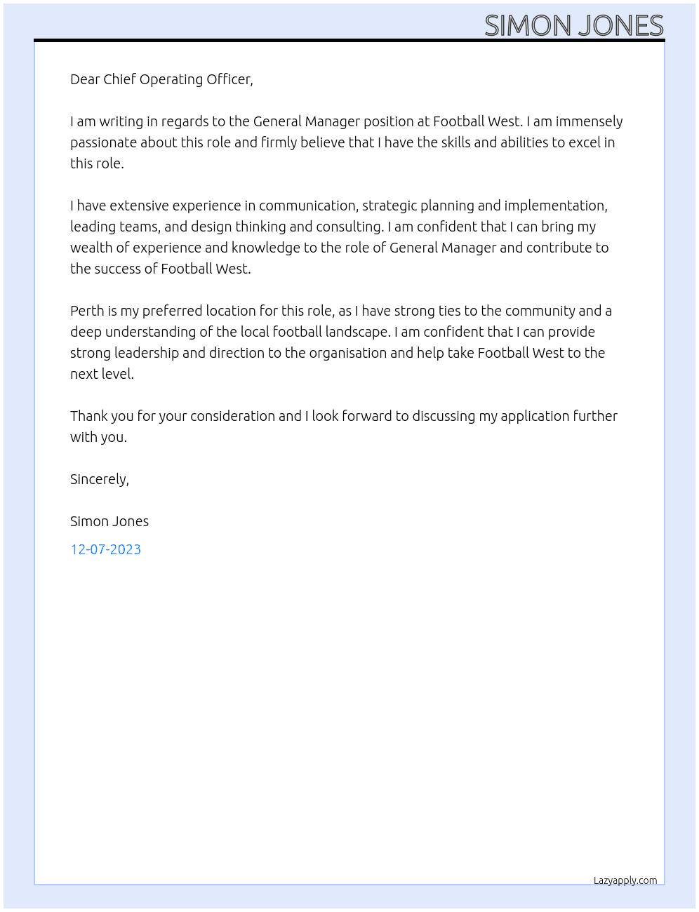 General Manager At Football West Cover Letter