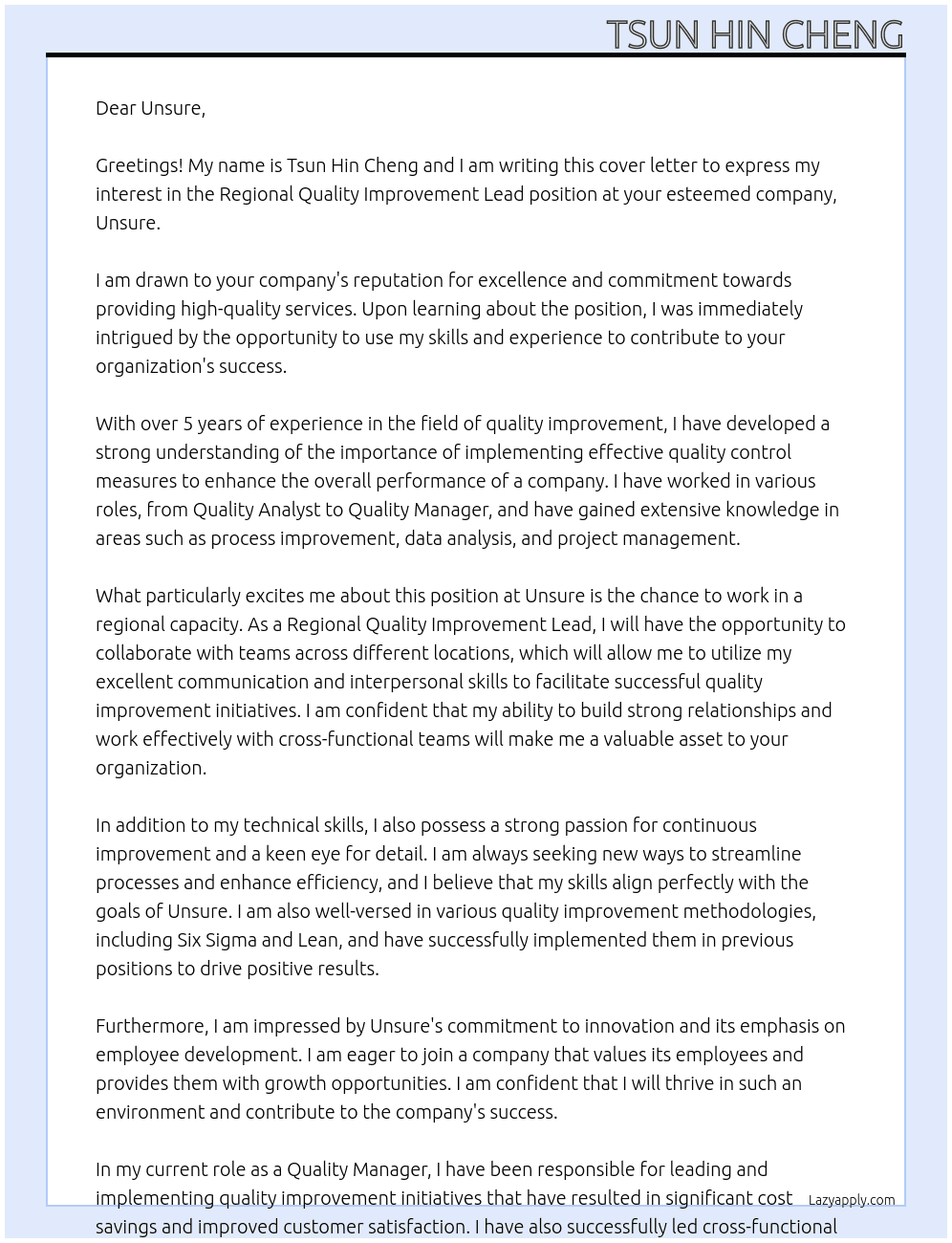 Regional Quality improvment lead At Unsure  Cover Letter