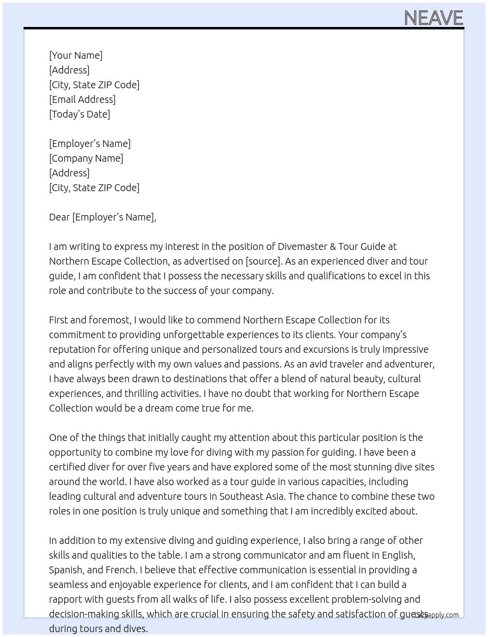 divemaster & tour guide  At Northern Escape Collection Cover Letter